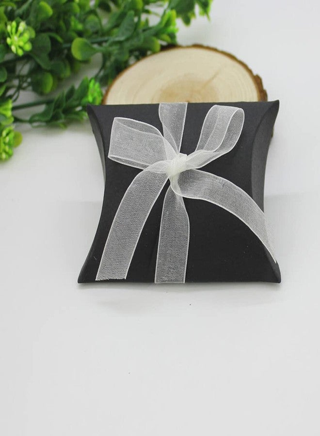 QUUPY 50PCS Black Kraft Paper Pillow Boxes with Ribbons Candy Favor Box Jewelry Packaging Gift Card Holder Soap Packaging Wedding Favors Gift Box for Baby Shower Party - Image 4
